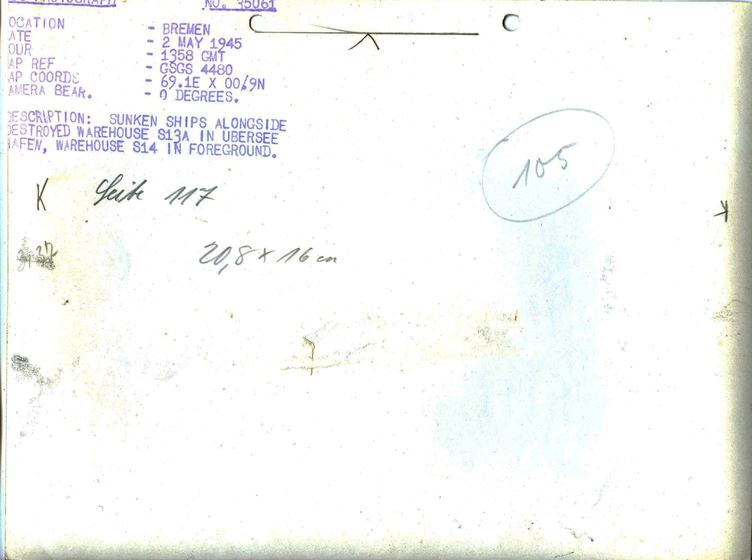 Reverse of Aerial Reconnaissance Photograph No. 35061, Bremen Übersee-Hafen, 2 May 1945