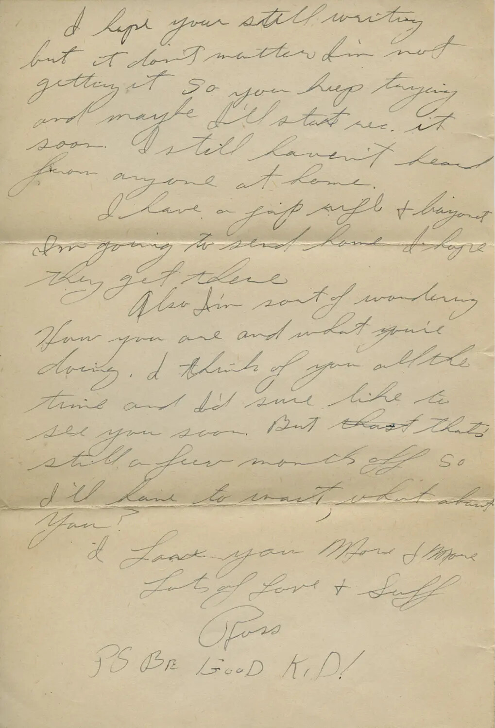 Handwritten WWII Letter from 'Ross,' Mentioning Japanese War Trophy Rifle and Bayonet