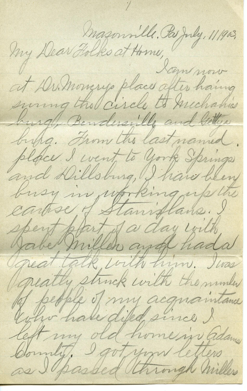 Handwritten Letter, Masonville, Pennsylvania, July 11, 1903
