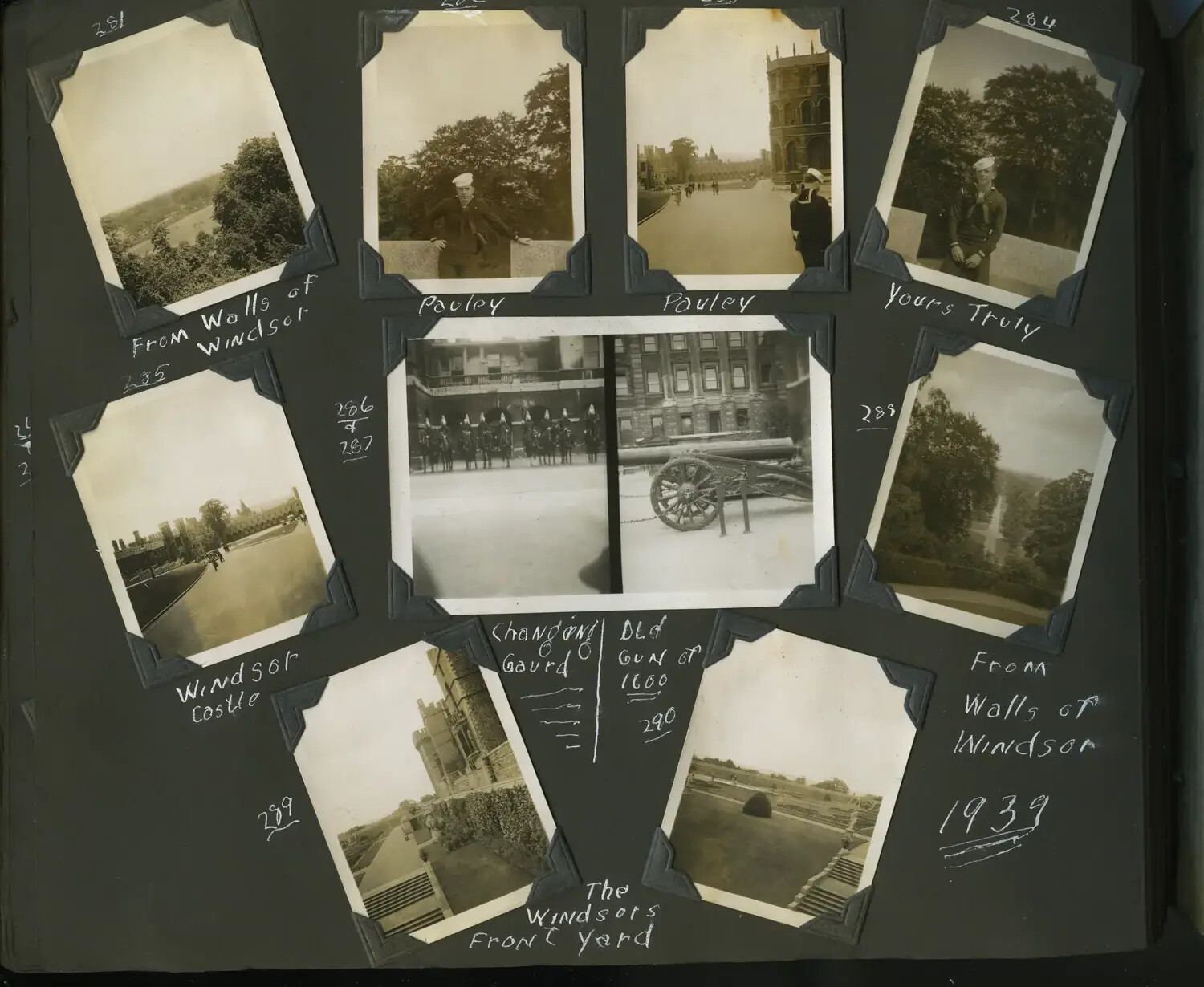 Photograph Album Page, U.S. Navy Sailor's European Liberty Tour: Windsor Castle Ramparts, Changing of the Guard, and Castle Grounds, 1939 (Frames 281-290)