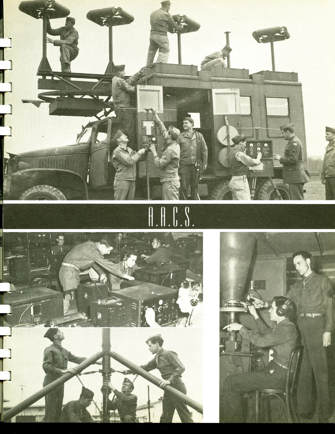 'A.A.C.S.' Composite Page — Mobile Communications Truck, Antenna Erection, and Direction-Finding Equipment, Scott Field