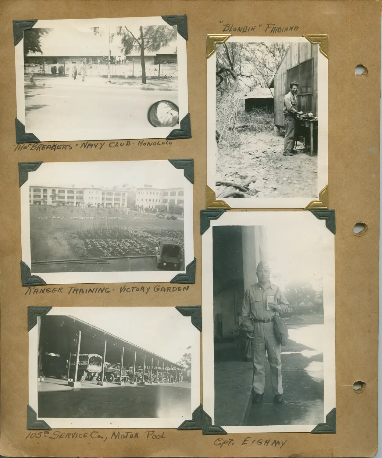 WWII Photo Album Page: Honolulu Navy Club, Ranger Training, 105th Service Co. Motor Pool, and Unit Personnel