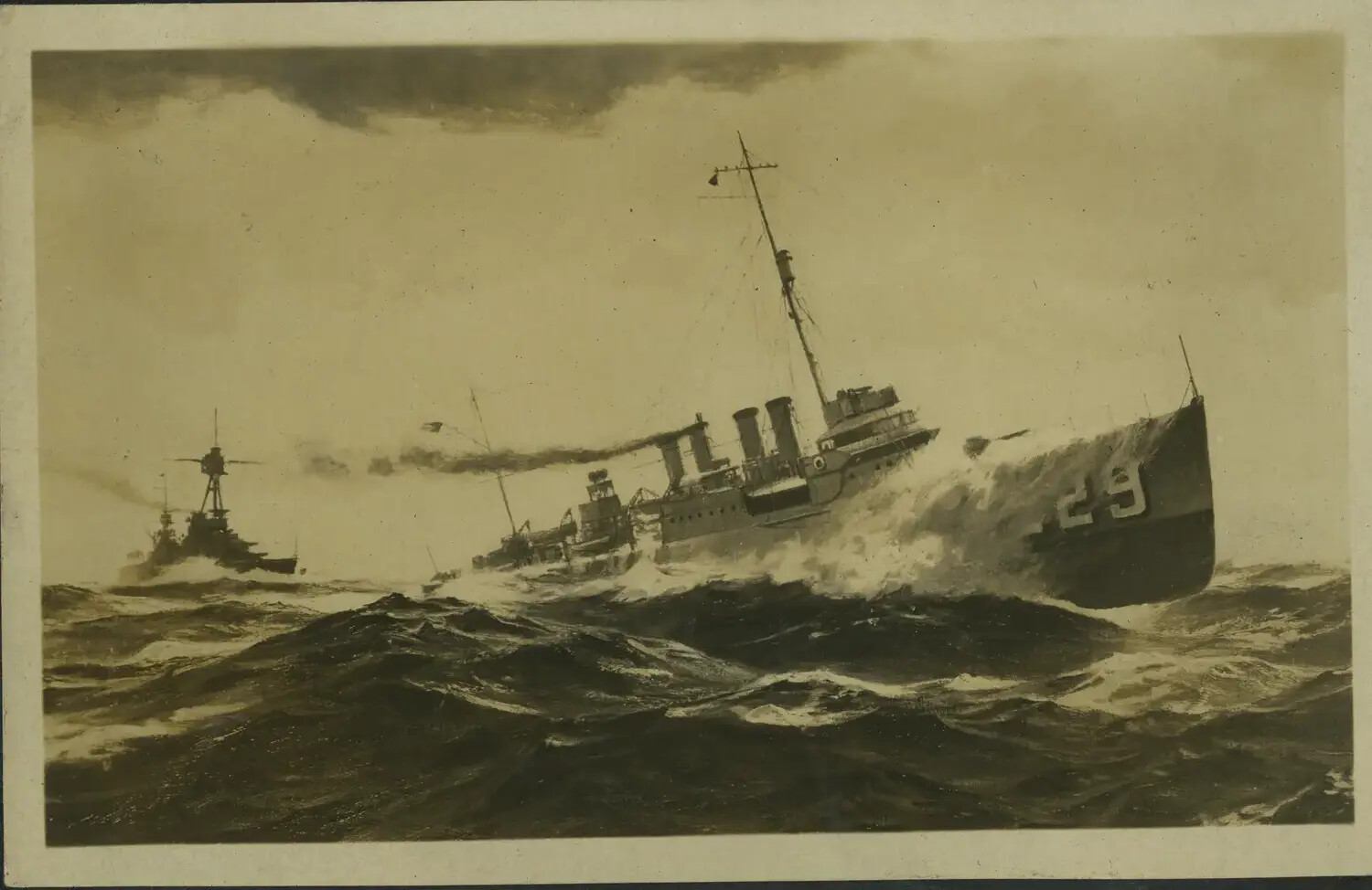 Destroyer and Battleship in Heavy Seas — Illustrated Postcard/Print, USS Maryland (BB-46) Photo Album, 1930s