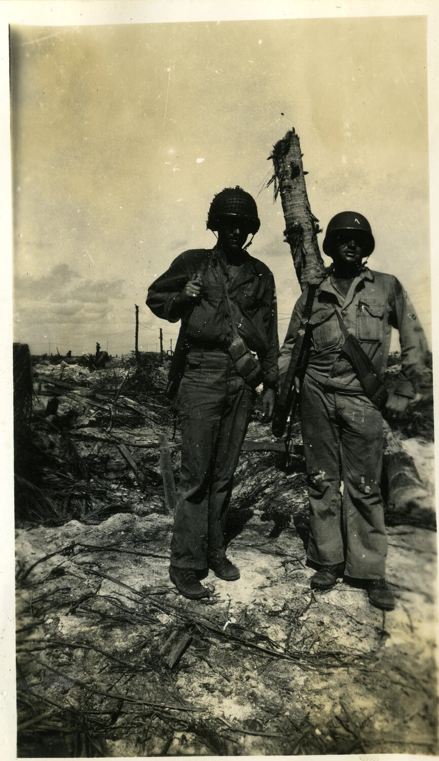 Two U.S. Servicemen Beside Shattered Palm Stump, Kwajalein Atoll, WWII