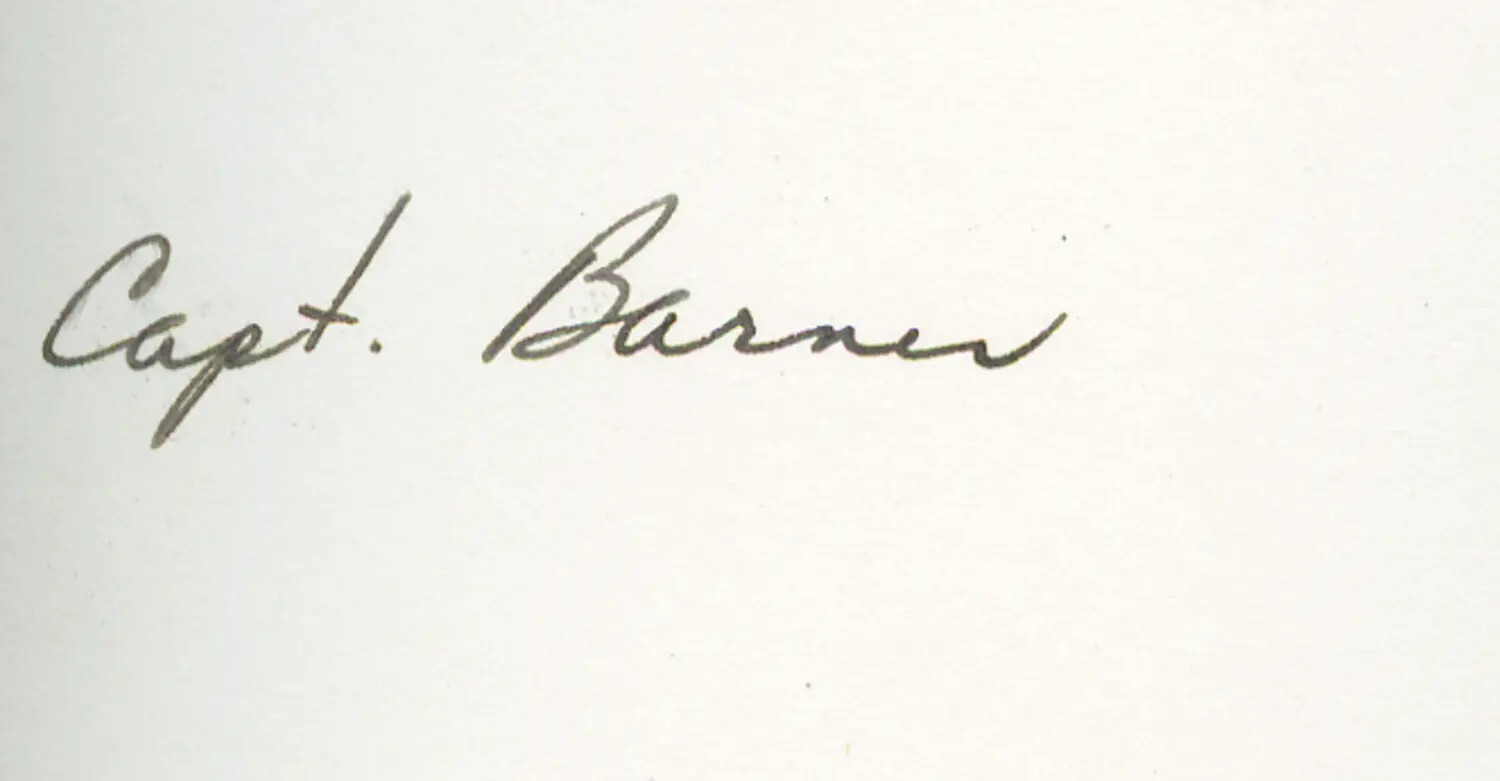 Handwritten Caption 'Capt. Barnes' — USS Petrof Bay (CVE-80) WWII Photo Album Archive