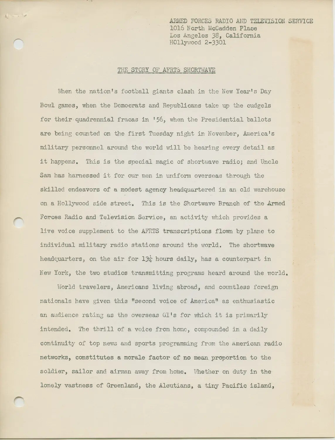 Typed Press Release: 'The Story of AFRTS Shortwave,' Armed Forces Radio and Television Service, circa 1955-1956