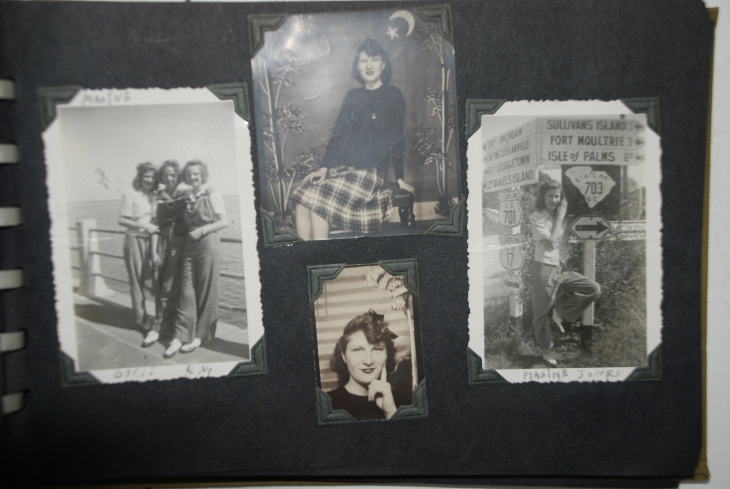 Home Front Portraits of Maxine, Doris, and Companions, Including Roadside Sign near Charleston, South Carolina