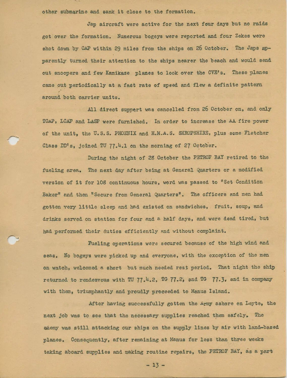 Typed Page 13 of USS Petrof Bay (CVE-80) War History/Action Report, Battle of Leyte Gulf Period, October 1944
