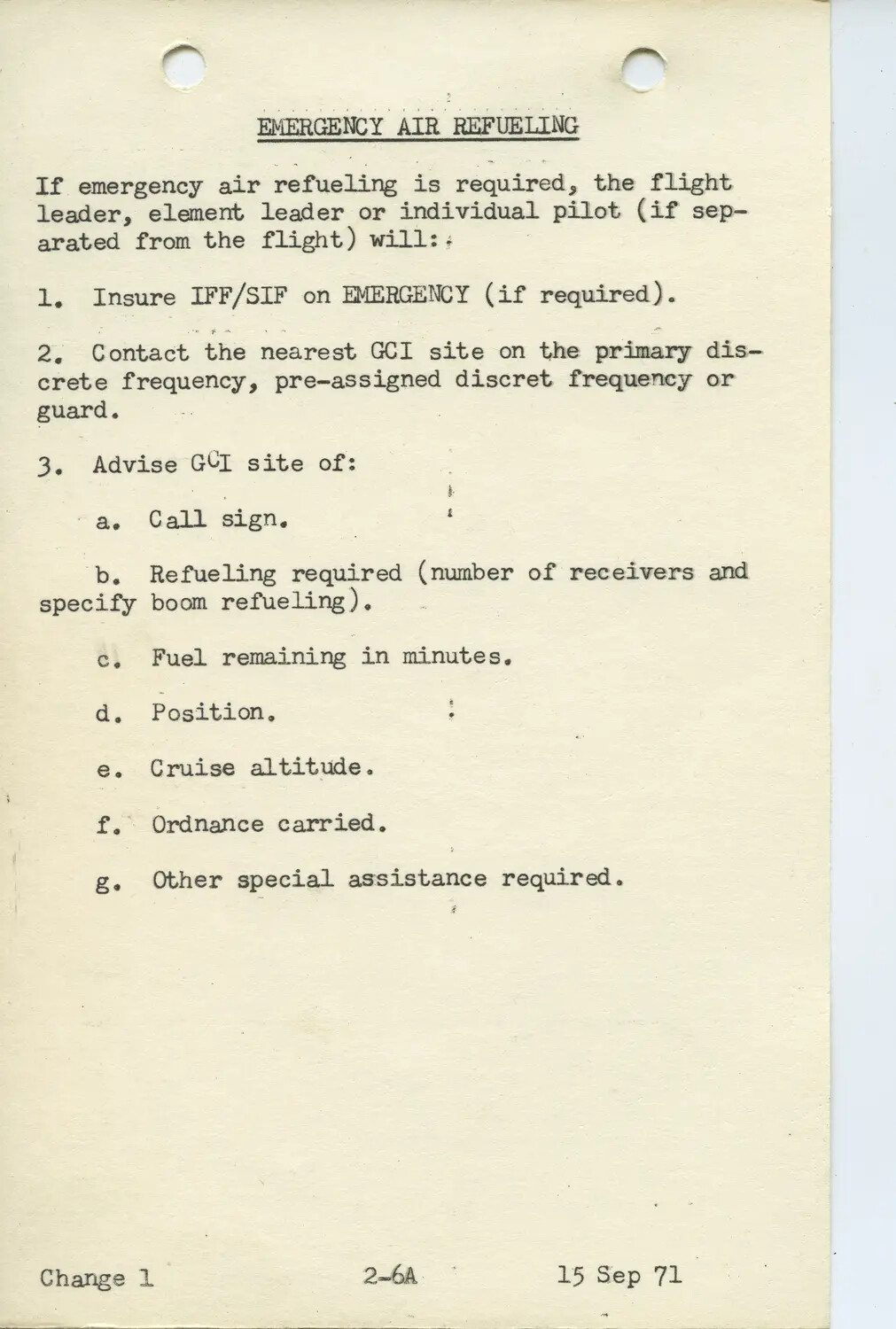 USAF Emergency Air Refueling Procedures Page, Change 1, dated 15 Sep 71