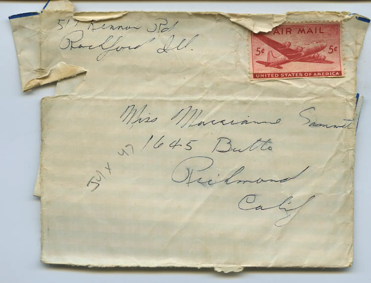 Handwritten Airmail Envelope with 5-Cent Transport Plane Stamp, Rockford, Illinois to Richmond, California, Dated July 1947
