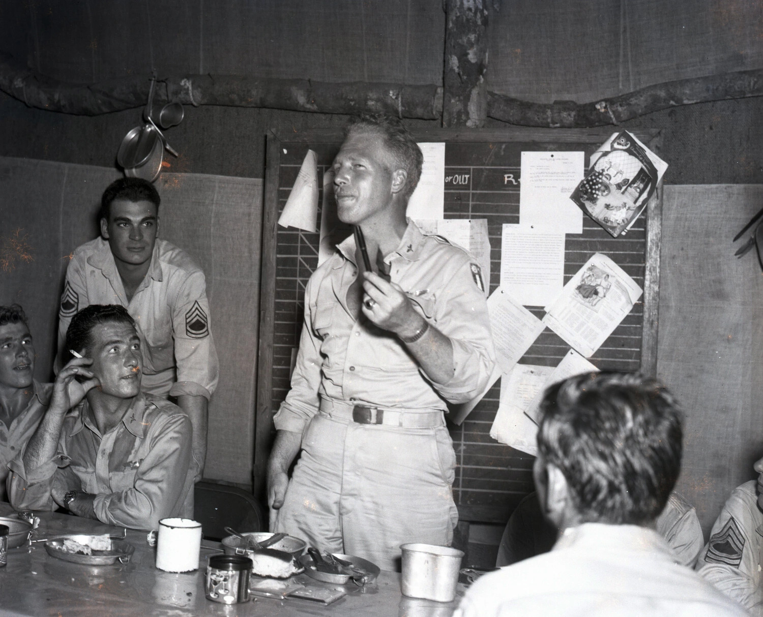 Squadron Officer Addressing Men in Mess Tent, CBI Theater, WWII