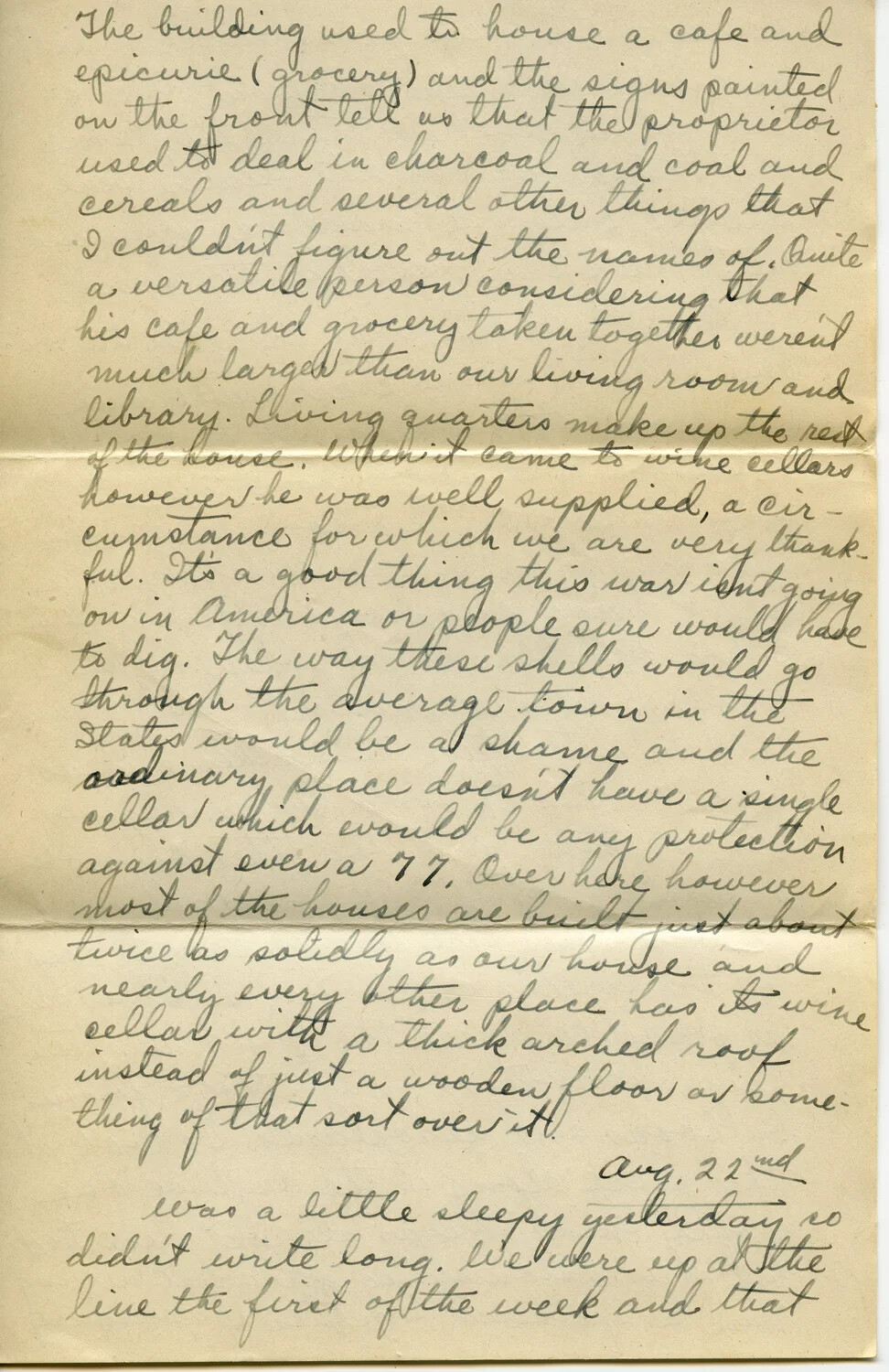 Handwritten WWI Letter, Page 4, Private Willis W. Wagener to Family — Description of French Building and Front-Line Duty, Dated August 22nd