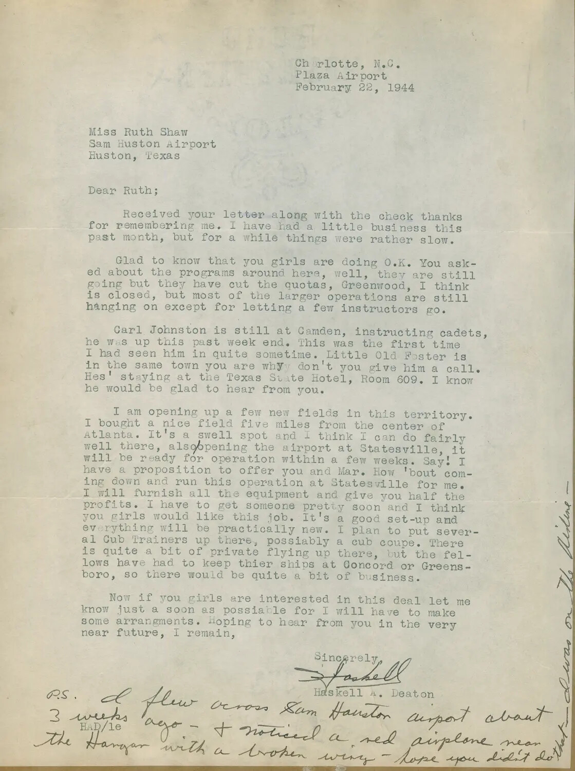 Typed Letter from Haskell A. Deaton, Plaza Airport, to Miss Ruth Shaw, Sam Houston Airport, February 22, 1944