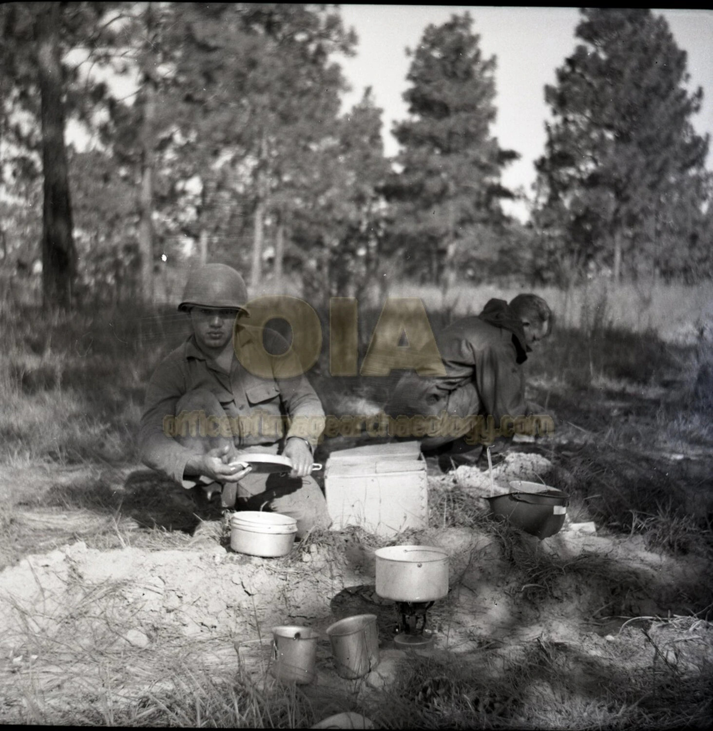 Soldier Preparing Field Rations at Bivouac Cooking Site, Pine Woods Training Area