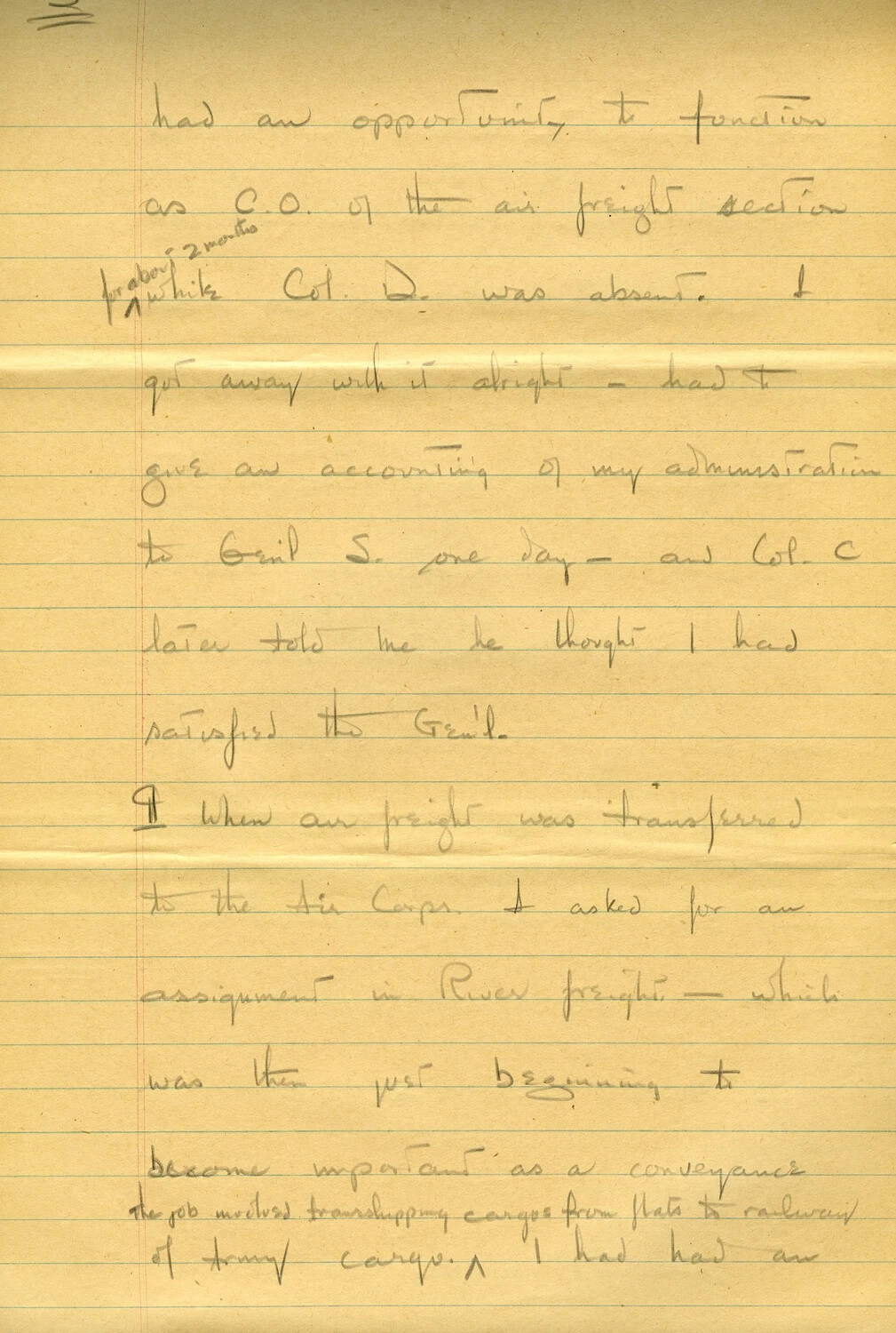 Handwritten Draft Letter, Page 3 – Air Freight Command Experience and Transition to River Freight Operations (CBI Theater)