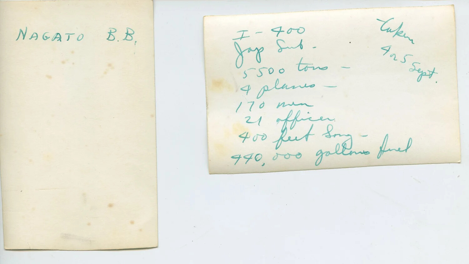 Handwritten Album Captions, Rescanned Together: "Nagato B.B." and "I-400, Jap Sub," Leyte Collection