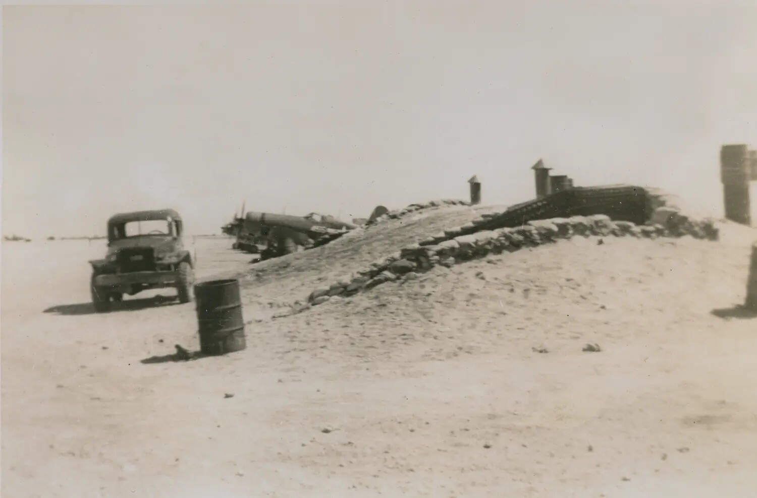 Military Truck Beside Fortified Earthen Revetment, WWII Theater of Operations
