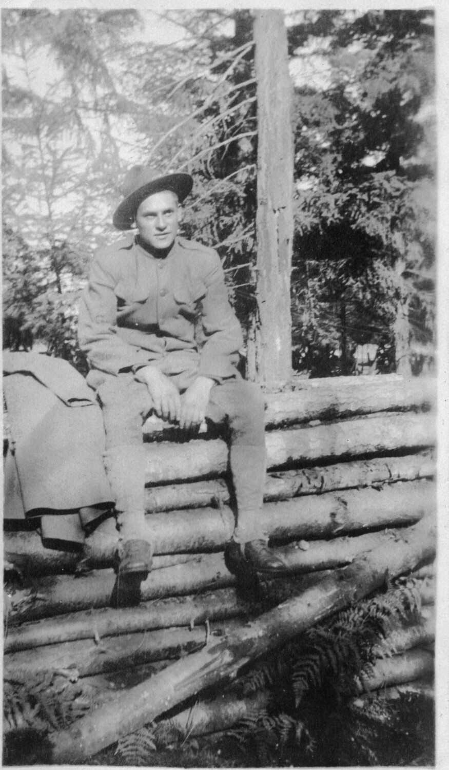 Portrait of a U.S. Army Soldier Seated on a Log Fence, WWI Era