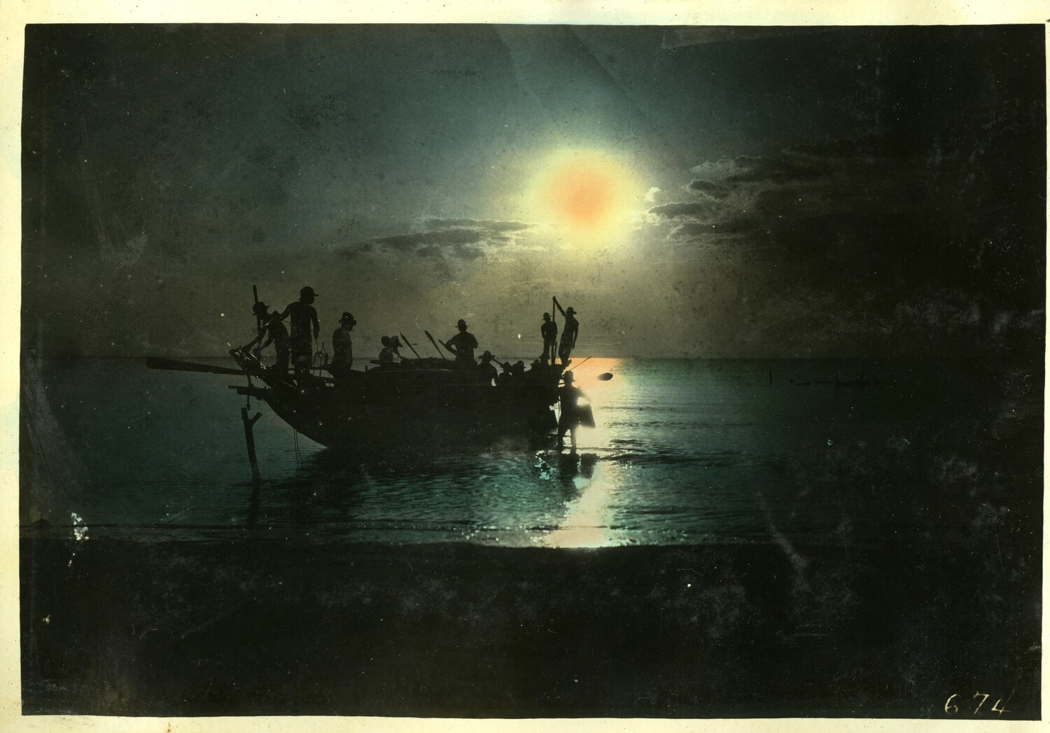 Fishermen and Boat Silhouetted Against Sun over Water, Hand-Tinted Photograph No. 674, Philippines