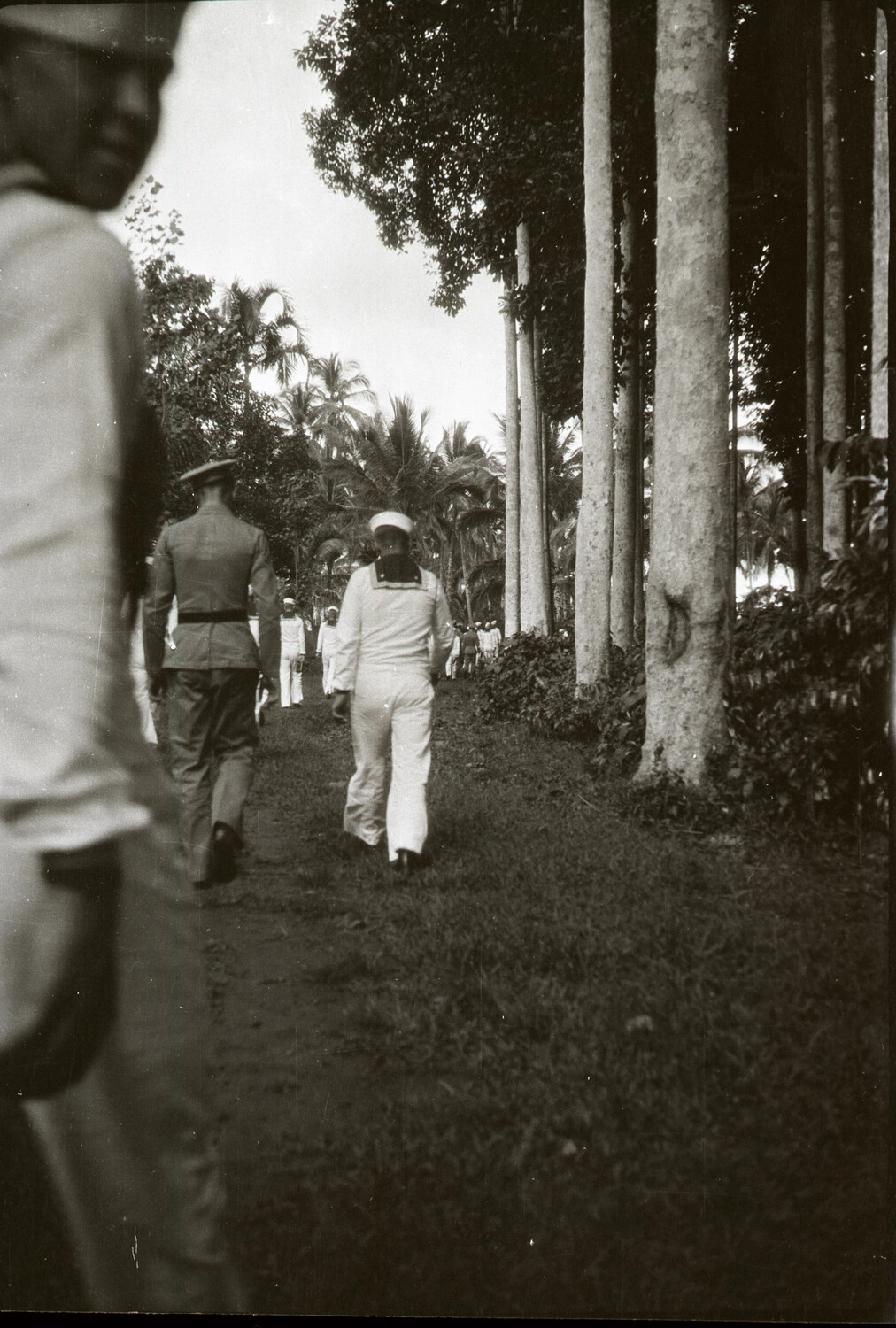 U.S. Navy Sailor and Uniformed Companion Walking a Tree-Lined Path, China/Pacific Station, 1930s