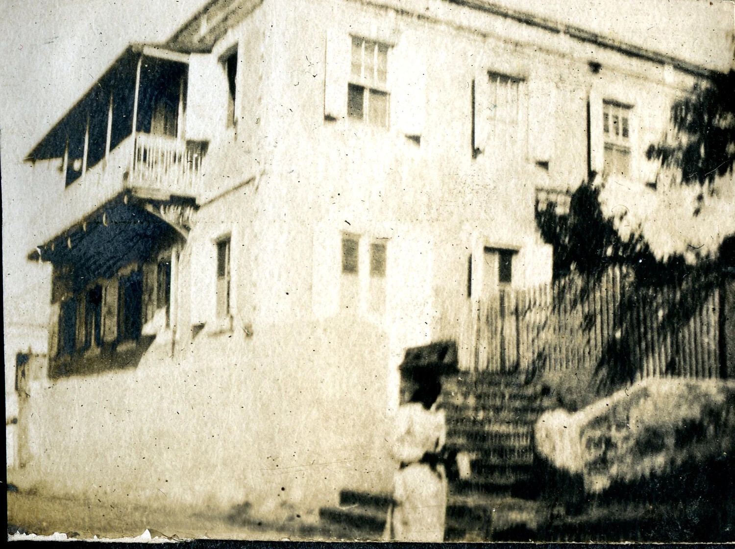 Colonial-Style Building with Balcony and Awnings, Shore Liberty Snapshot, Caribbean/Central American Port, c. 1904