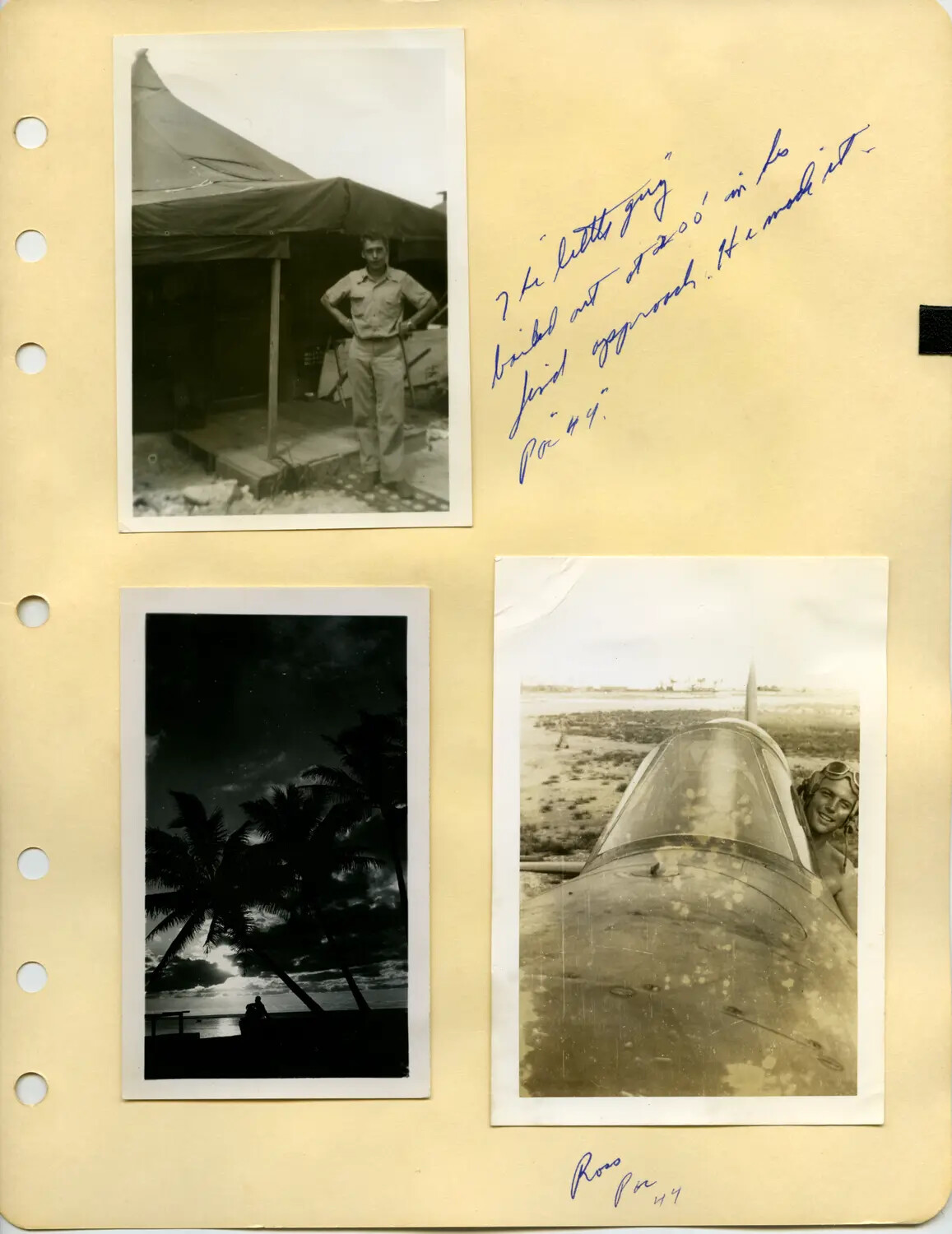 WWII Photo Album Page: Tent Camp, Pacific Sunset, and Fighter Aircraft Portrait - McAleer/Ross Collection, 1944