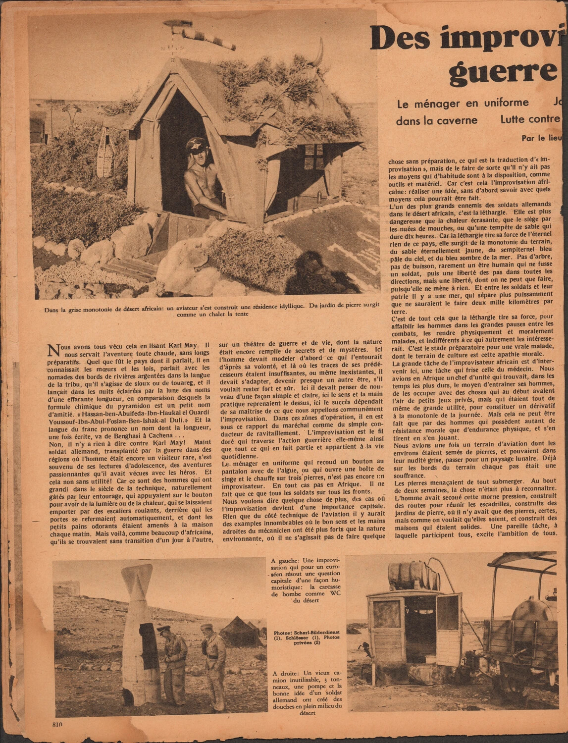 Der Adler (French-language edition), p. 810 — "Des improvisations de guerre... du désert": Luftwaffe Field-Improvisation Feature, North African Campaign (duplicate scan)