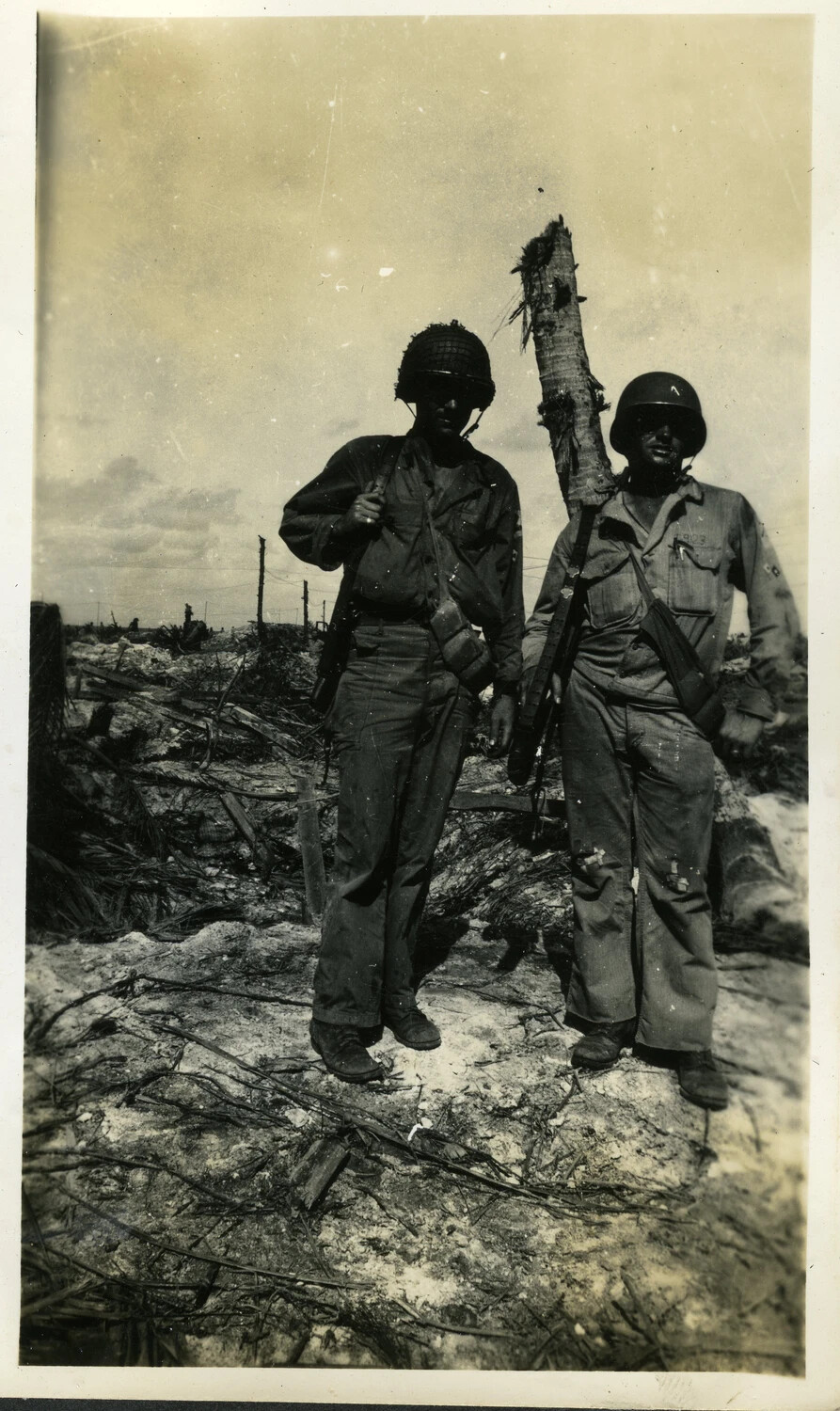 U.S. Army Soldiers Posing by Shattered Palm Tree, Kwajalein Atoll