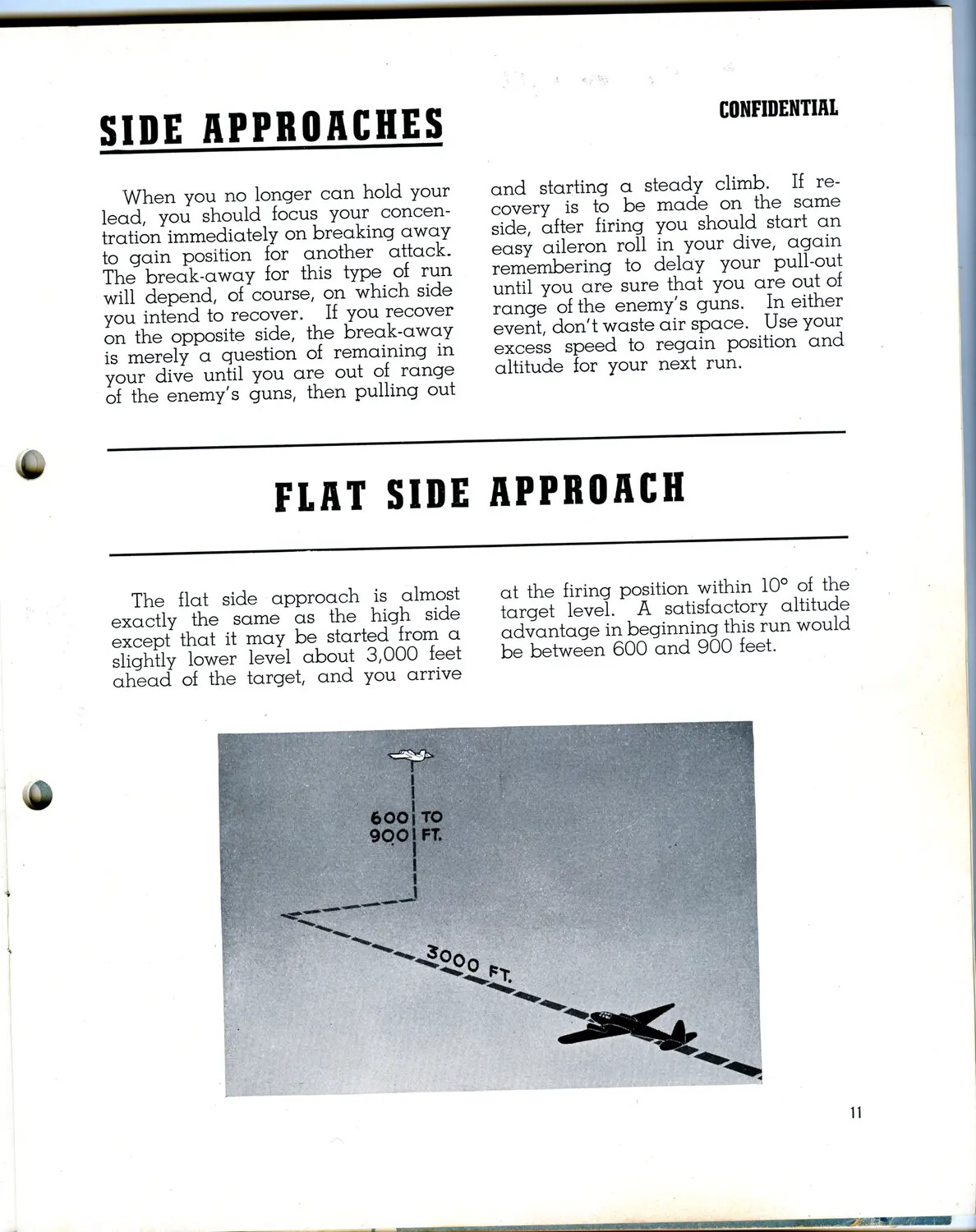 WWII Training Manual Page - 'Side Approaches' and 'Flat Side Approach' Attack Tactics Diagram (Page 11)