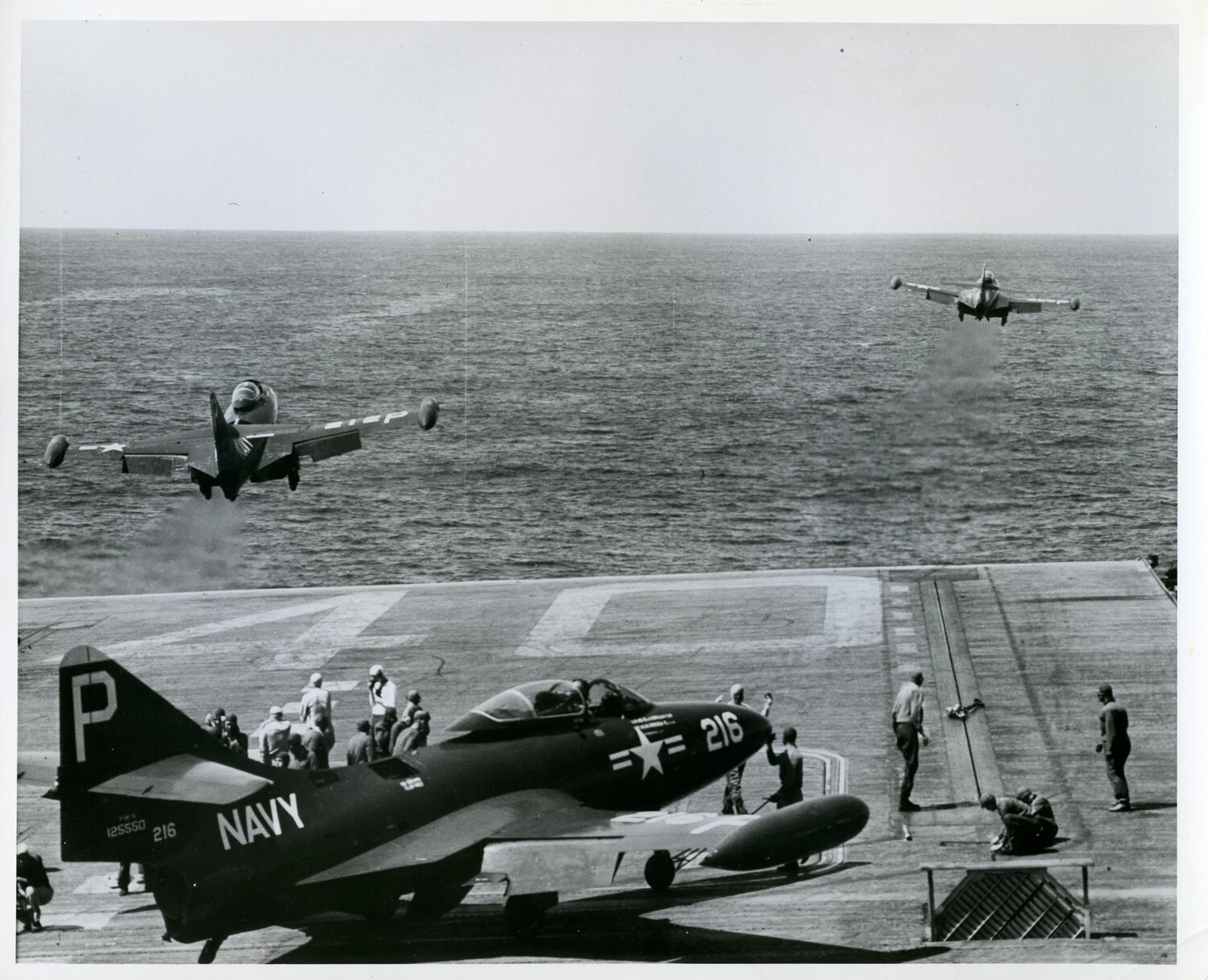 Grumman F9F Panther Jets Launching from U.S. Navy Aircraft Carrier Flight Deck