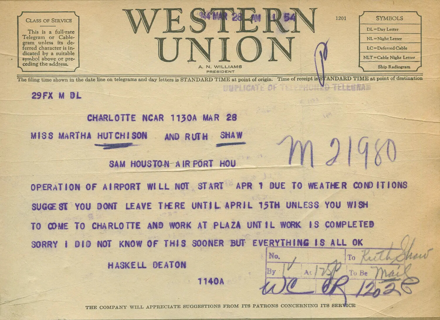 Western Union Telegram from Haskell Deaton to Martha Hutchison and Ruth Shaw, March 28, 1944