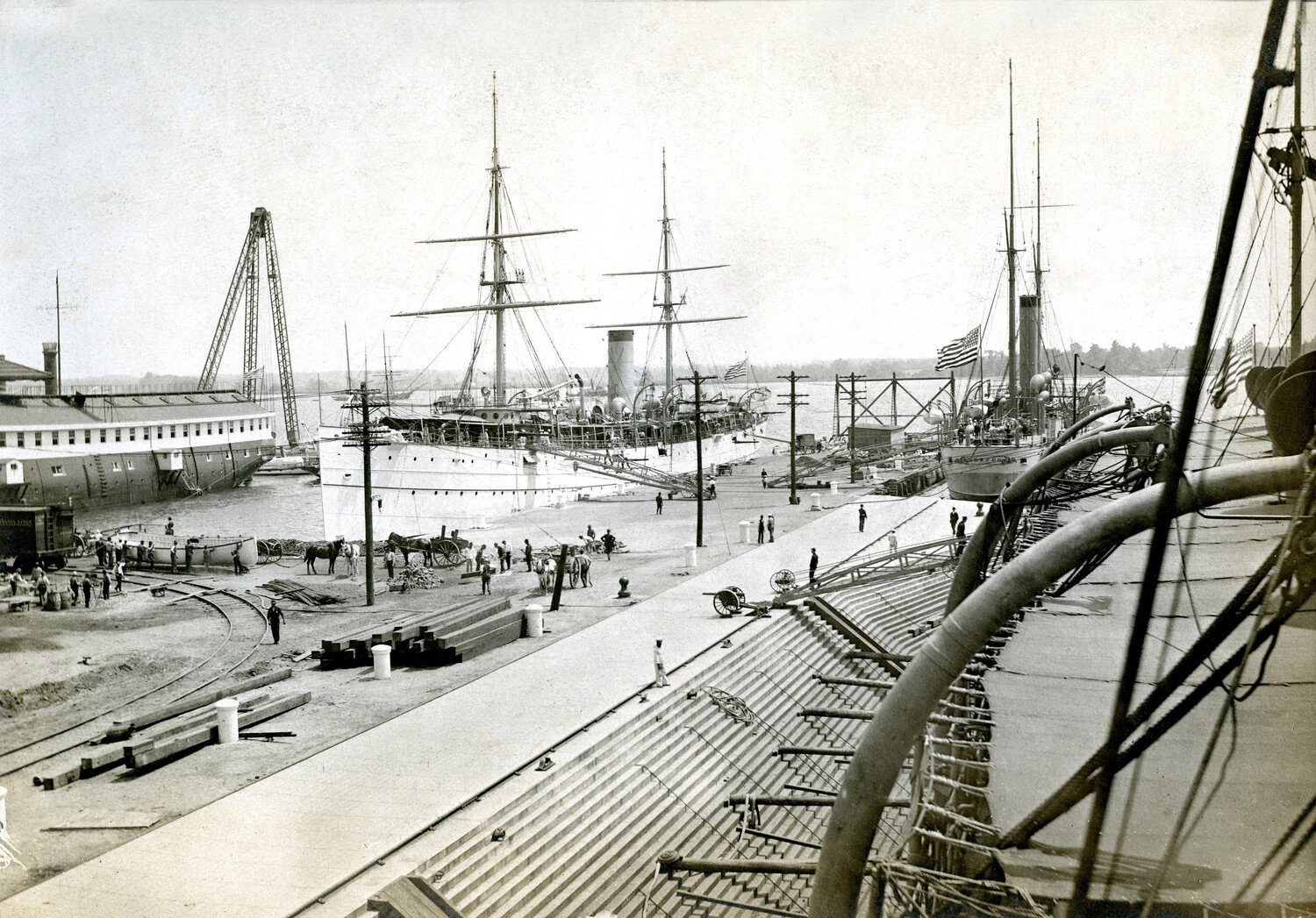 Philadelphia Navy Yard, USS Dixie and USS Denver Moored at Pier, Full Print, c. 1904-1910