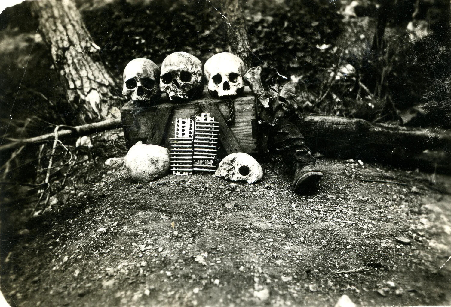 WWII Pacific Theater Photograph: Skeletal Remains and Field Gear, Ie Shima Area, 1945