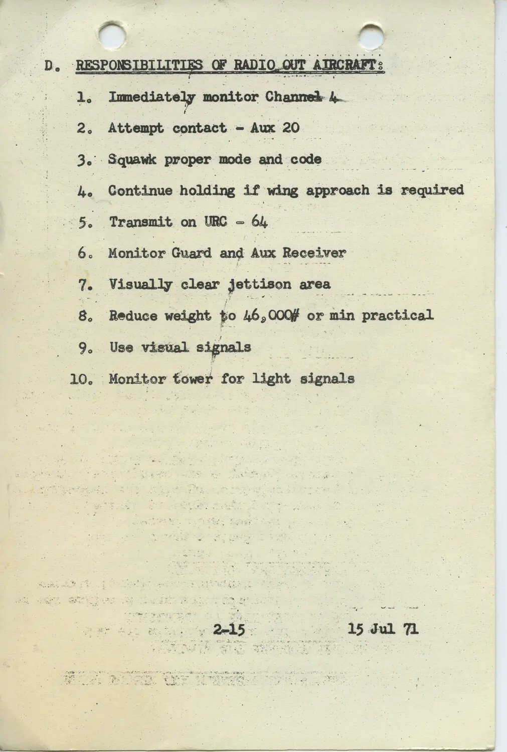 USAF Responsibilities of Radio Out Aircraft Reference Page, dated 15 Jul 71