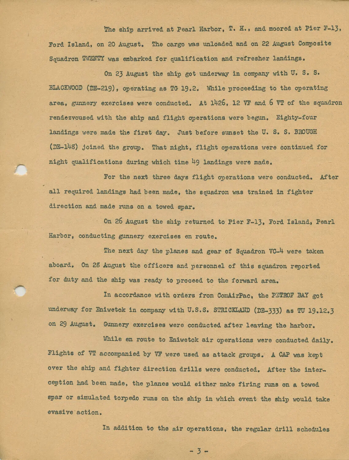 Typewritten War History Page, USS Petrof Bay (CVE-80), World War II Pacific Operations