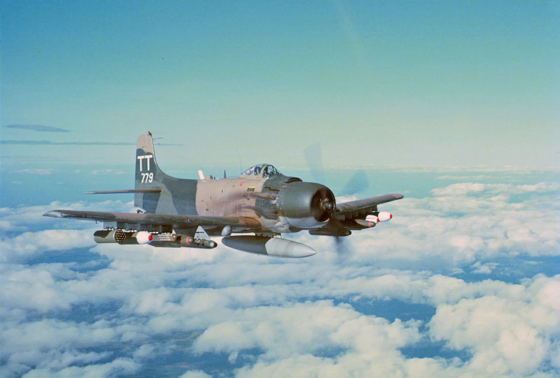USAF A-1 Skyraider 'TT-779' Armed and Airborne Above Clouds, Vietnam War Era (Don Engebretsen Slide Collection)