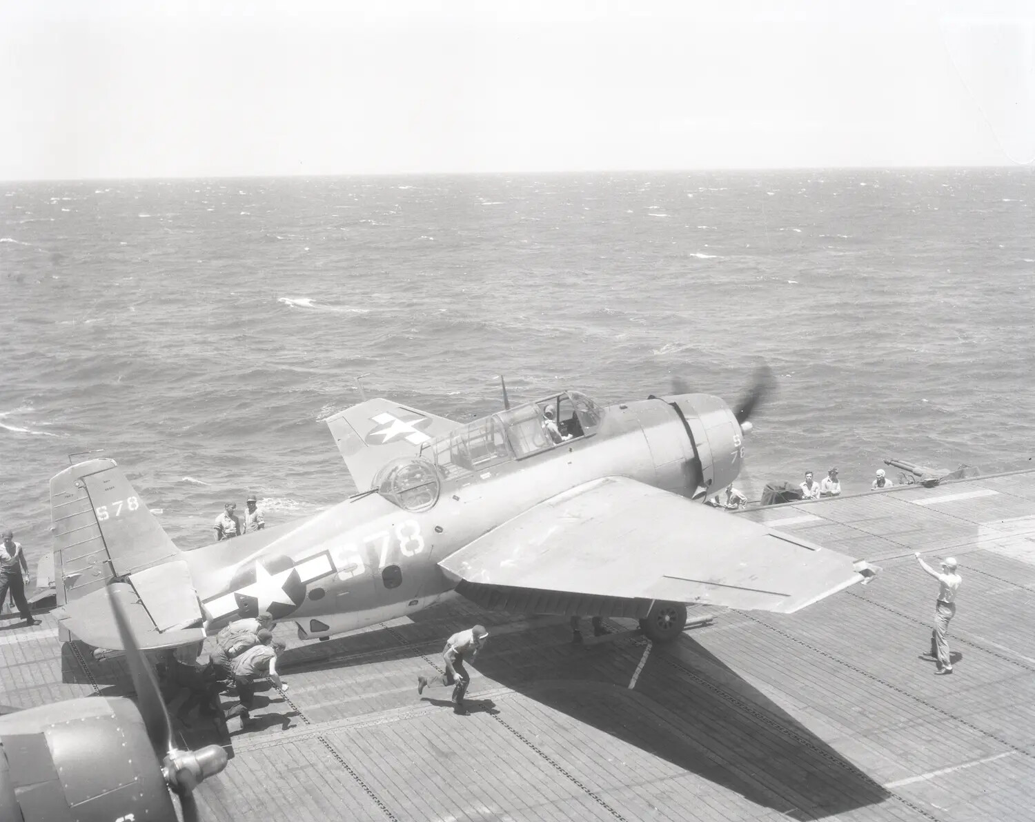 TBM/TBF Avenger 'S78' Preparing for Launch, USS Petrof Bay (CVE-80), World War II