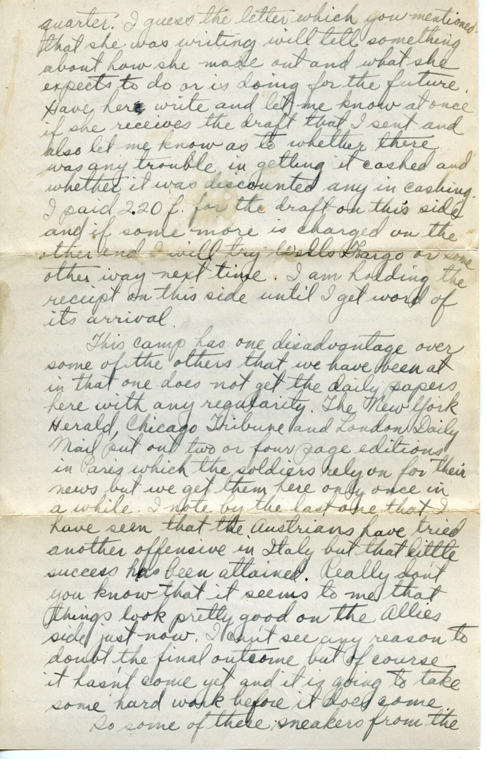 Handwritten WWI Letter, Page 4D, Pvt. Willis W. Wagener to Family, circa Mid-1918