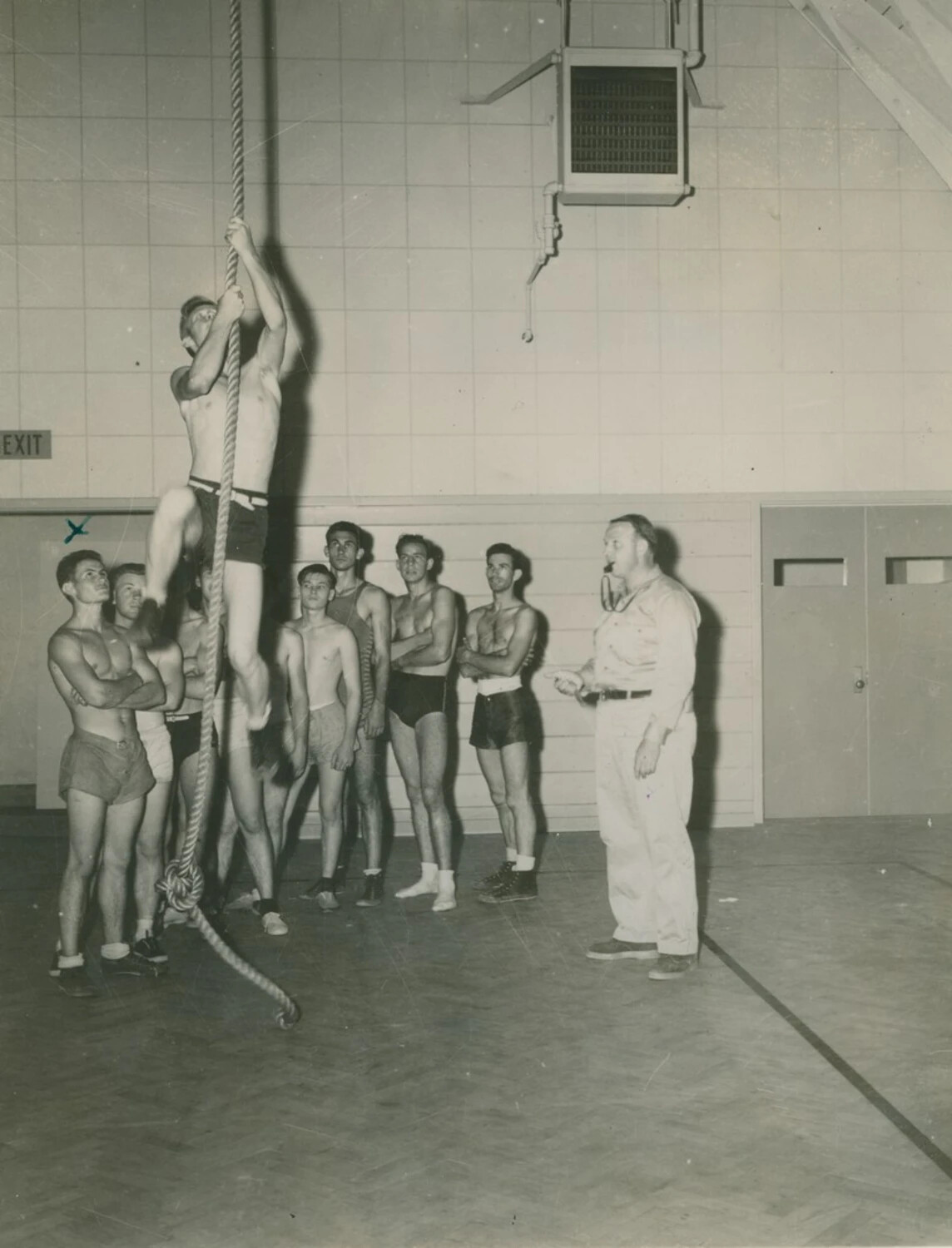 Rope Climb Physical Training Exercise, Military Gymnasium, WWII/Postwar Era