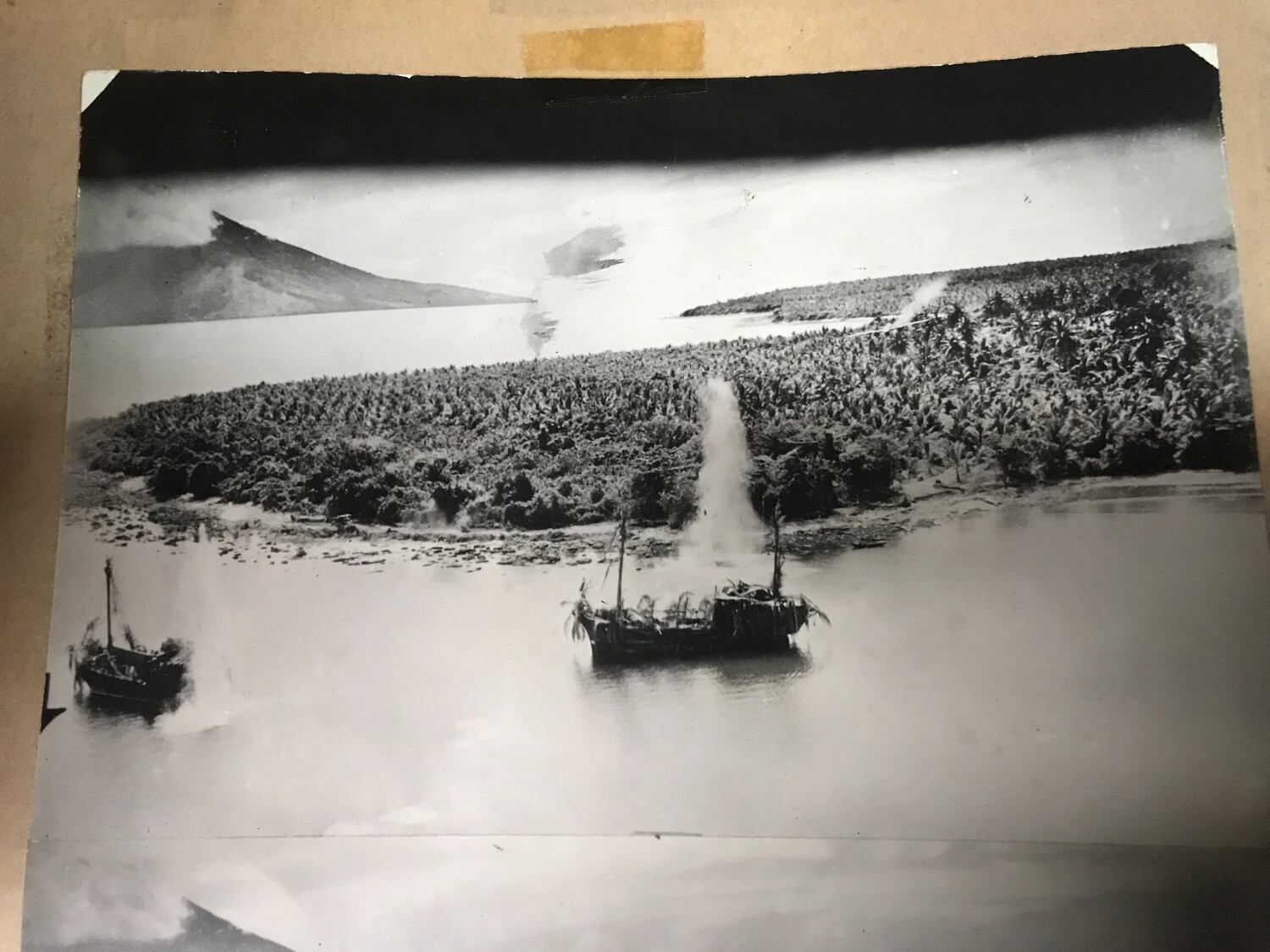 Aerial Strike Photograph of Small Watercraft in Pacific Lagoon, Possibly 312th Bombardment Group Interdiction Mission, WWII