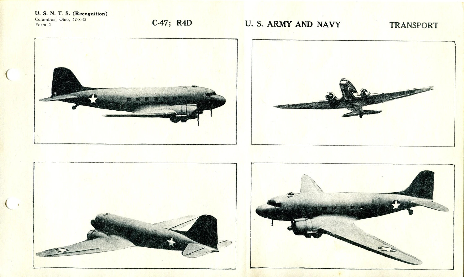 USNTS Aircraft Recognition Training Card: C-47 / R4D (Douglas Skytrain), U.S. Army and Navy Transport (Form 2, 12-8-42)