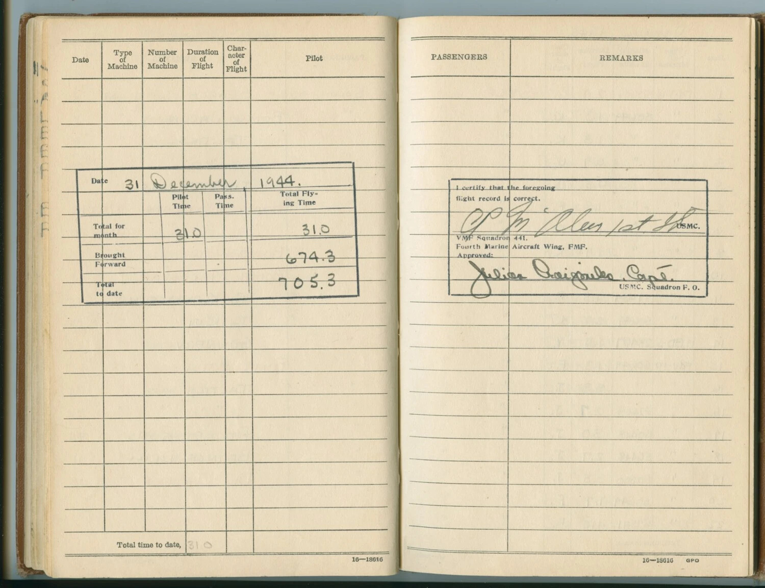 Pilot Flight Log Book, VMF-441, Fourth Marine Aircraft Wing — December 1944 Monthly Summary