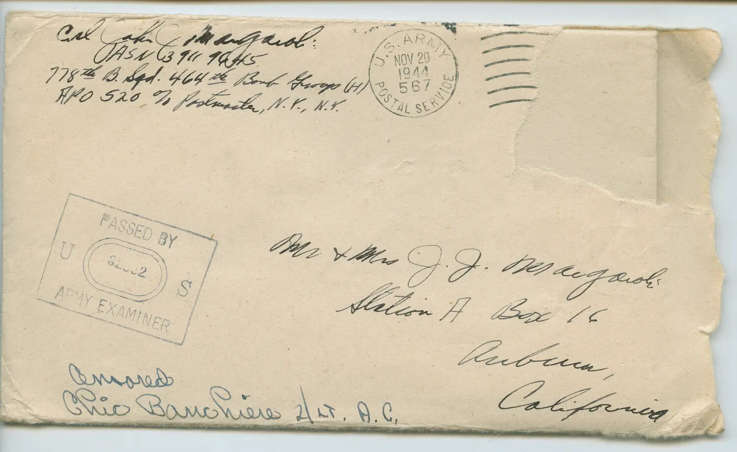 WWII Censored Mail Envelope, Cpl. John C. Margaroli, 778th Bomb Squadron, 464th Bomb Group, November 1944