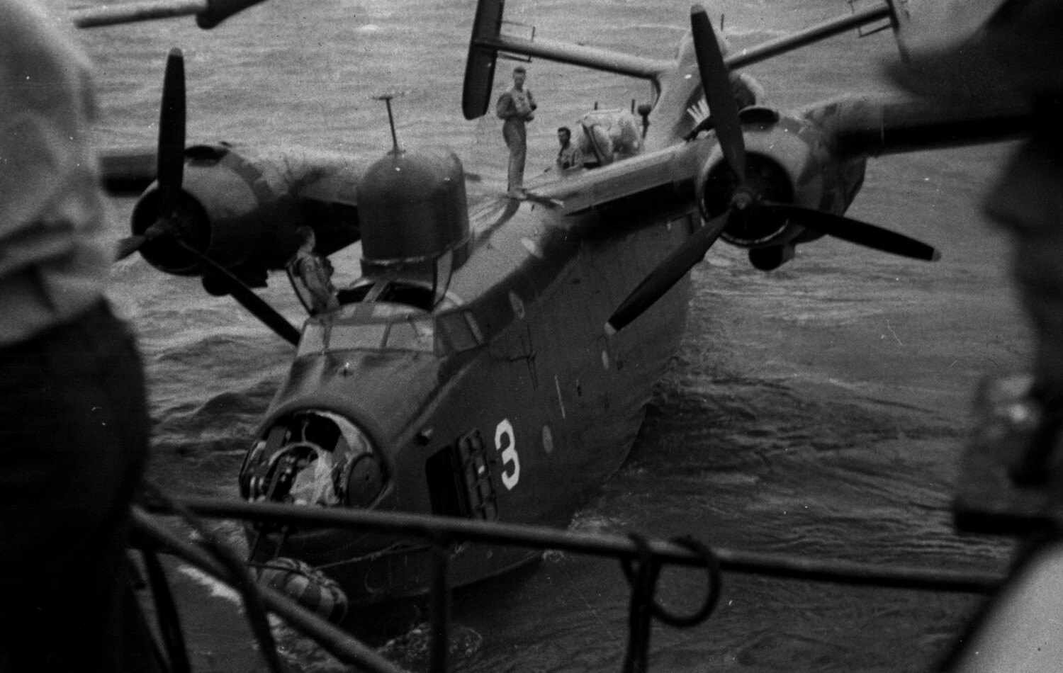 Twin-Engine Navy Patrol Flying Boat Alongside Ship, Korean War Era
