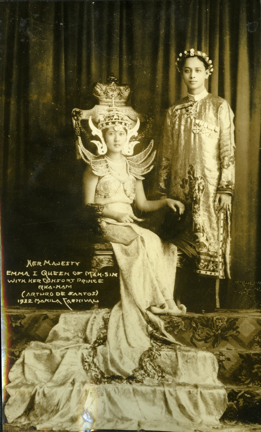 Studio Portrait: 'Her Majesty Emma I, Queen of Mah-Sim,' and Consort 'Prince Rha-Nam' (Arturo de Santos), 1932 Manila Carnival
