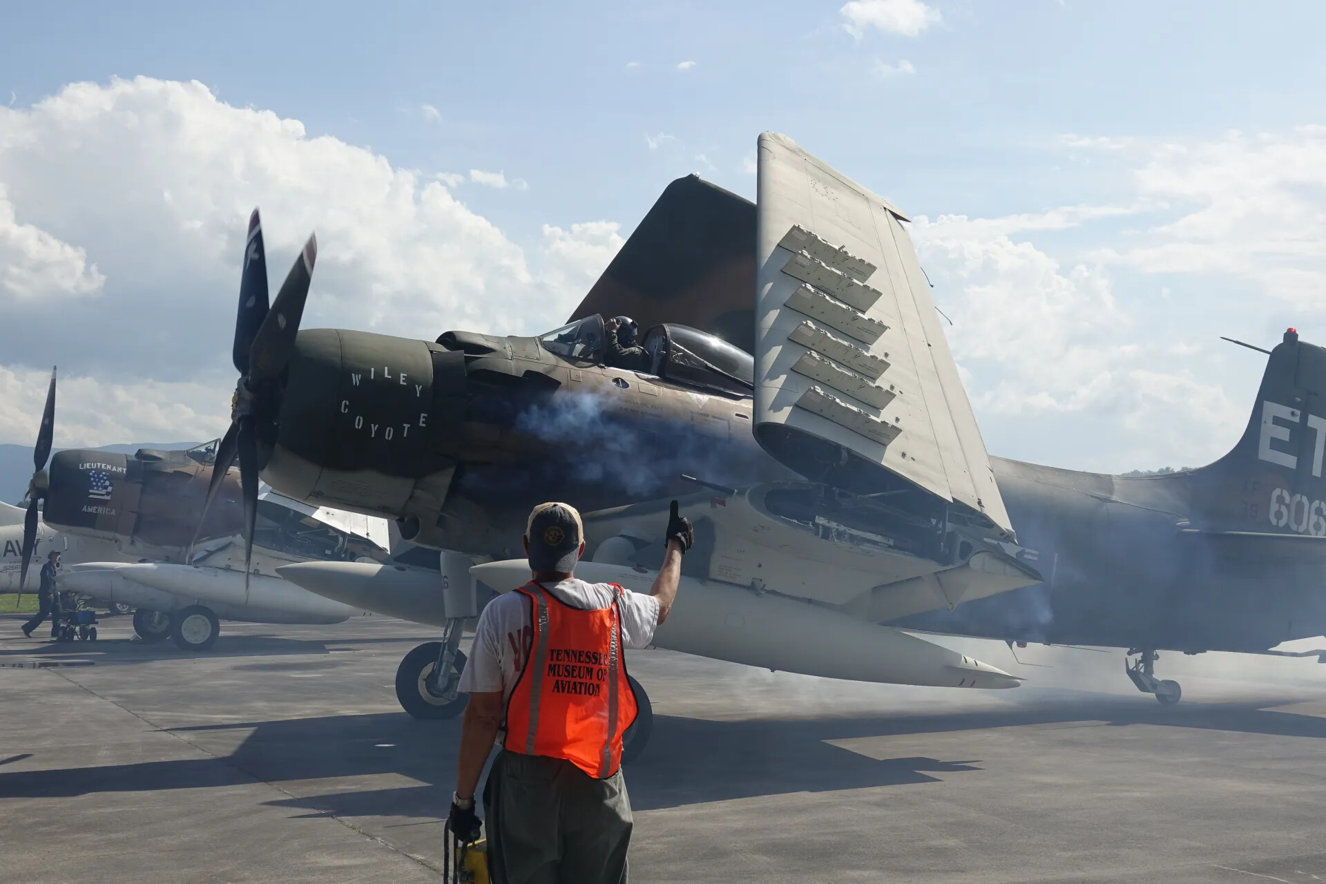 Restored A-1 Skyraider 'Wiley E. Coyote' Engine Start with Ground Crew Marshaler, Airshow Event, 3-4 May 2019