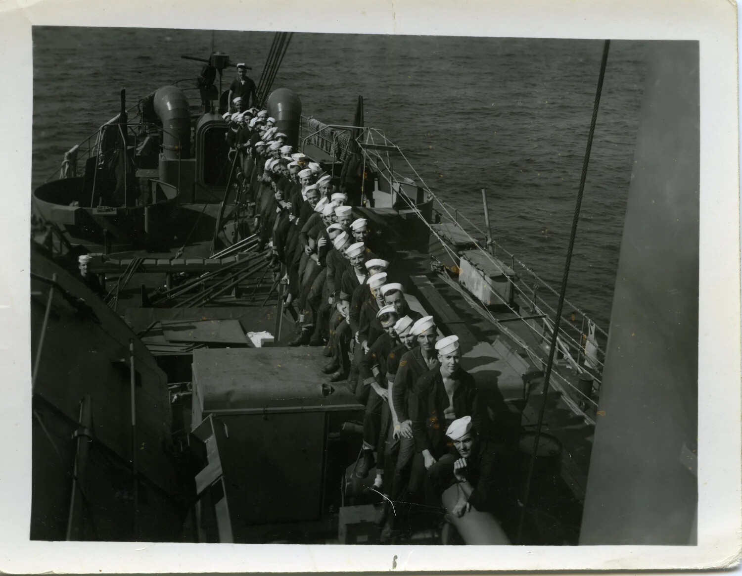 Sailors Manning the Rail Aboard a U.S. Navy Destroyer, WWII Pacific Theater