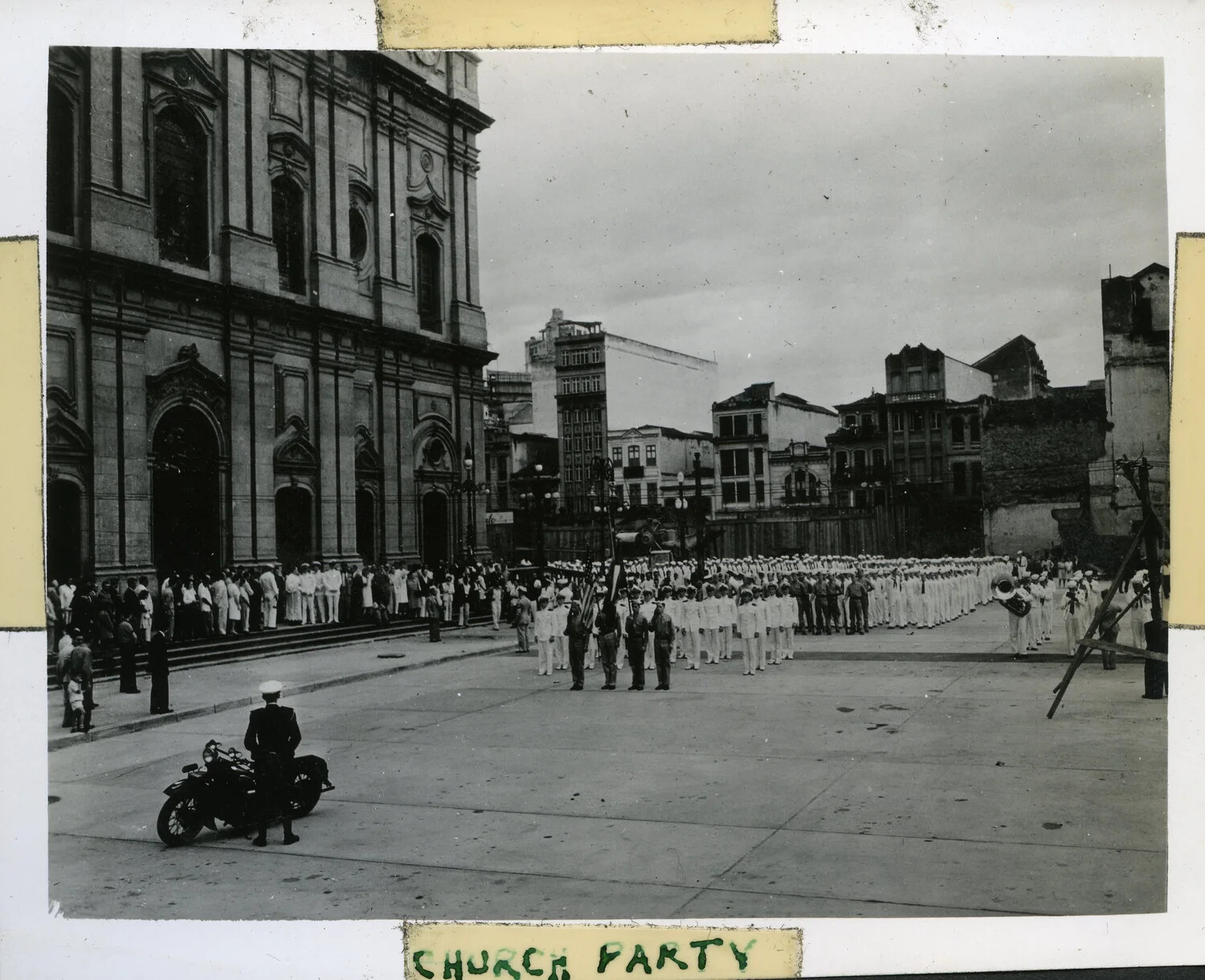 USS Franklin D. Roosevelt (CVB-42) Sailors' 'Church Party' Formation Before Cathedral, South American Port Visit