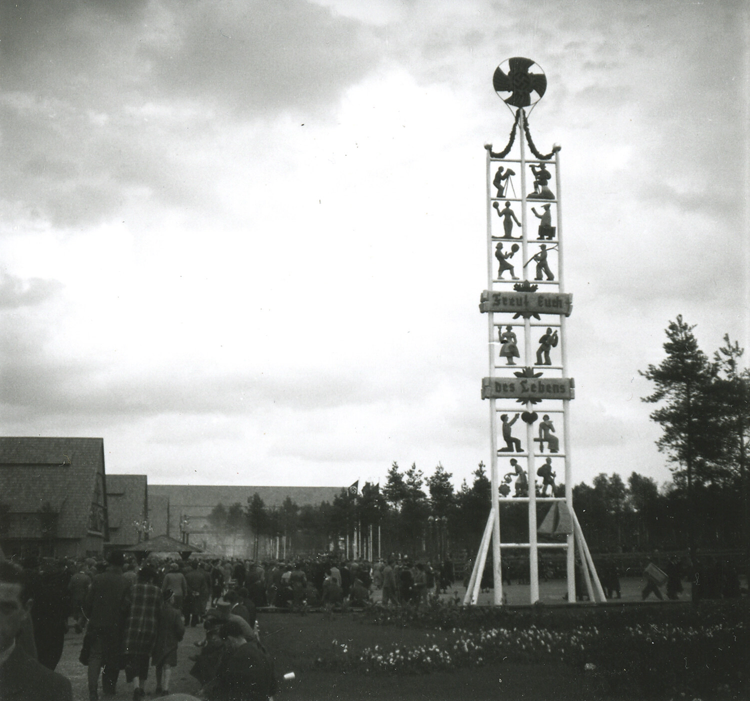 Decorated Maypole-Style Tower with Swastika Emblem, Public Festival, Nuremberg, Germany, WWII Era