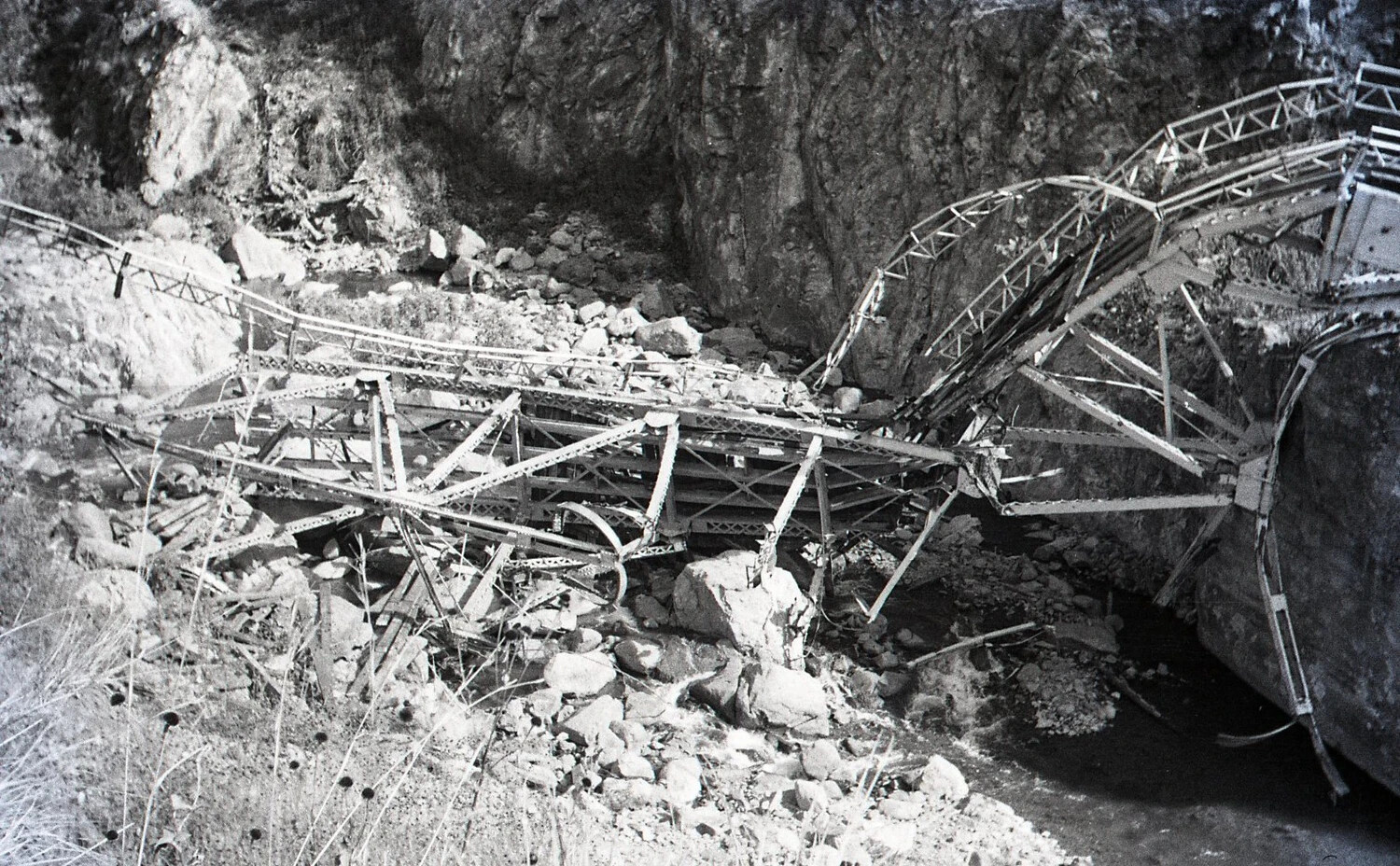 Destroyed Steel Truss Bridge in Mountain Gorge, Luzon, Philippines, World War II